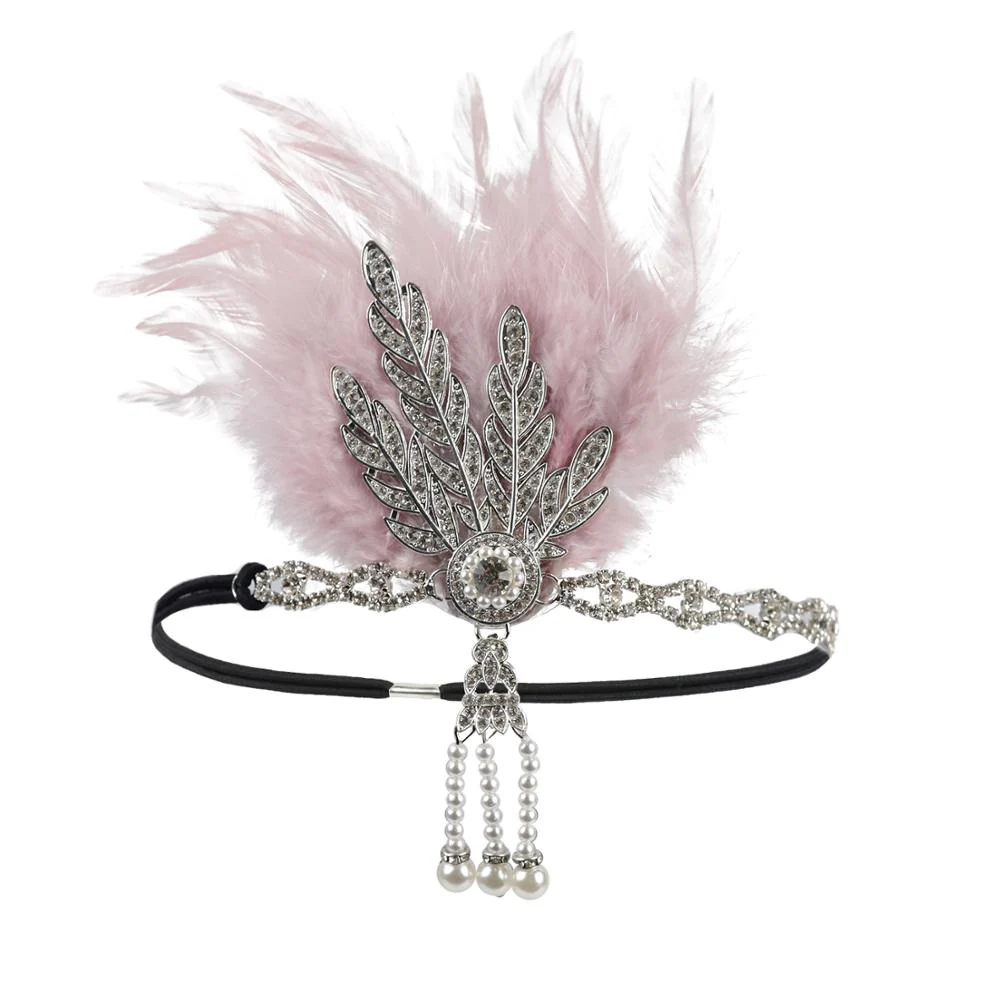 deanwangkt 1920S Flapper Headband Feather Headpiece Roaring 20S Great Gatsby Inspired Leaf Medallion Pearl Headband Women Hair Accessories - Deanwangkt