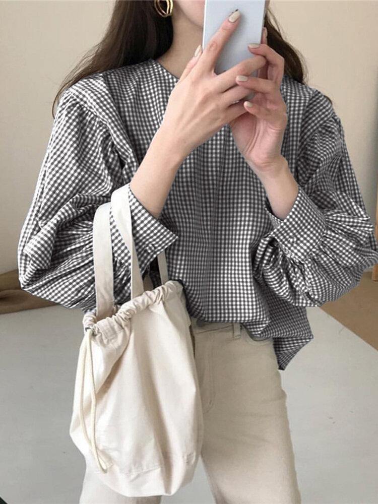 deanwangkt Puff Sleeve O-Neck Plaid Casual Loose Blouse For Women - Deanwangkt