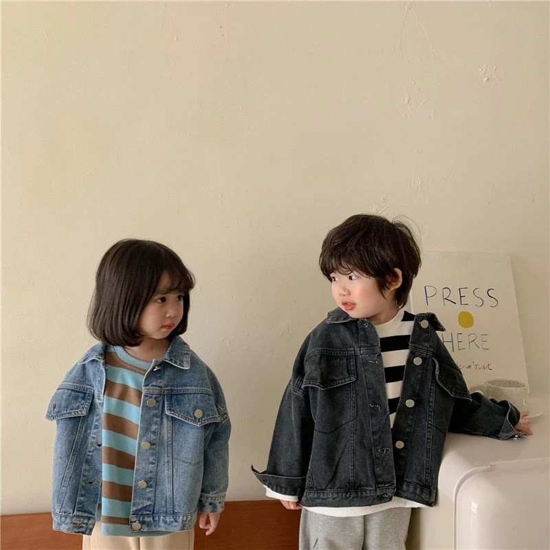 Spring Fall Boys and girls Casual All-match Denim Jackets 2-6 Years Kids Turn-down Collar Long Sleeve Coat Children Loose Tops - Deanwangkt