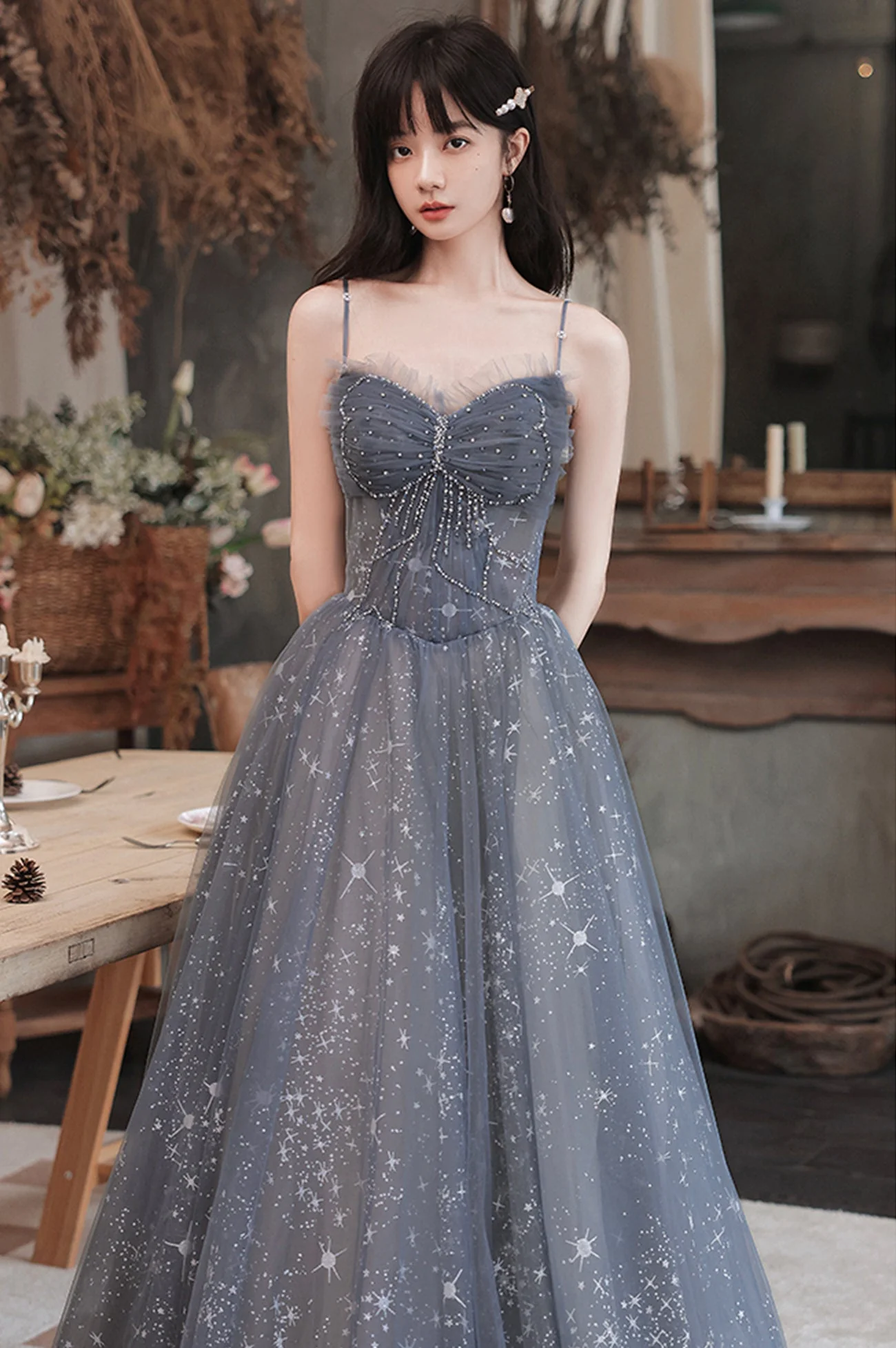 solvbao Gray Blue Tulle Long Prom Dresses, A-Line Spaghetti Straps Evening Dresses - Deanwangkt