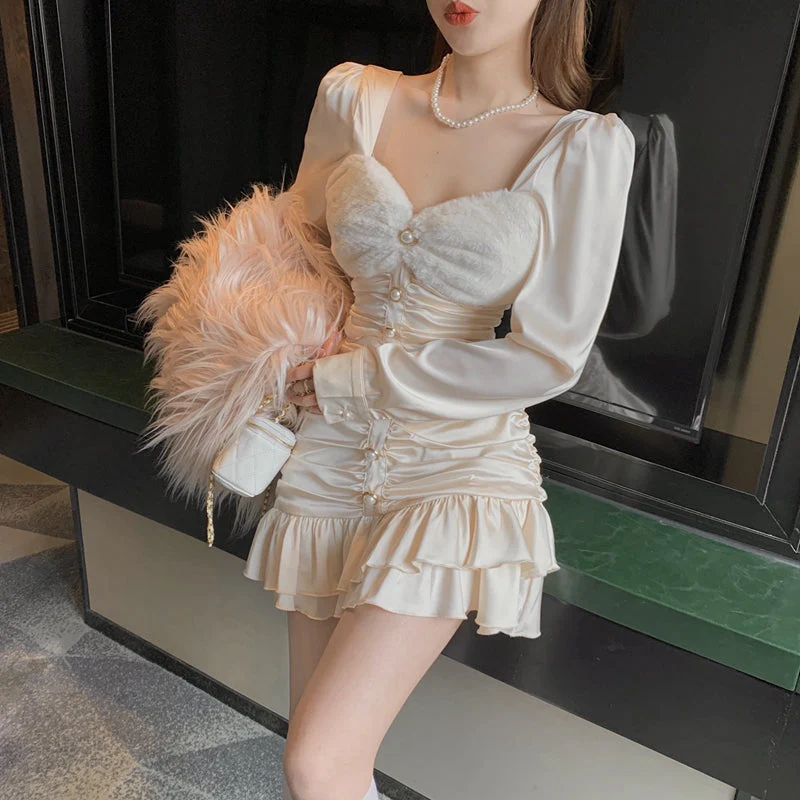 Fall Korean Sweet Two Piece Set Women Sexy Mink Velvet Patchwork Crop Top + Bodycon Skirts Sets Super-Short Shirt 2 Piece Suits  Fairy Dress - Deanwangkt