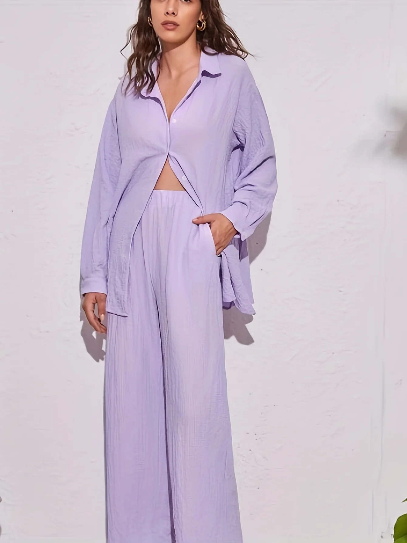 deanwangkt-1  Solid Casual Two-piece Set, Button Front Long Sleeve Shirt & Elastic Waist Pants Outfits, Women's Clothing - Deanwangkt