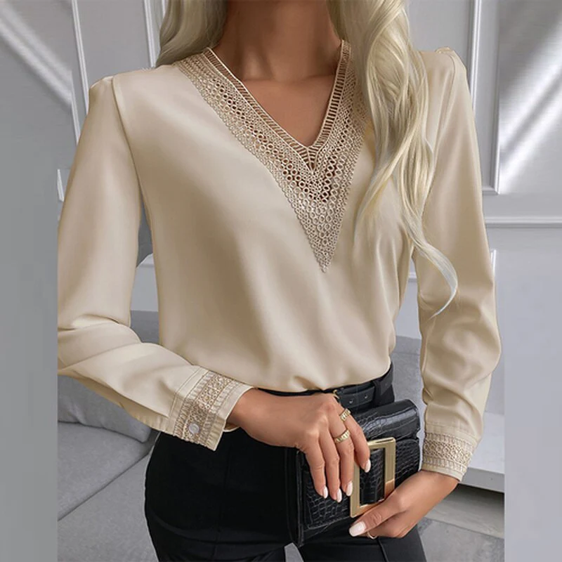 Graduation Gifts   Autumn Lace Crochet Satin Silk Chiffon Shirt Women Long Sleeve Woman Blouses Tops V Neck Solid Embroidery Shirts Blusas 15777 - Deanwangkt