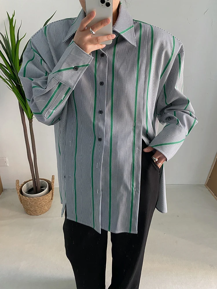 deanwangkt Women Green Striped Slit Big Size Blouse New Lapel Long Sleeve Loose Fit Shirt Fashion Tide Spring Autumn  1DF1473 - Deanwangkt