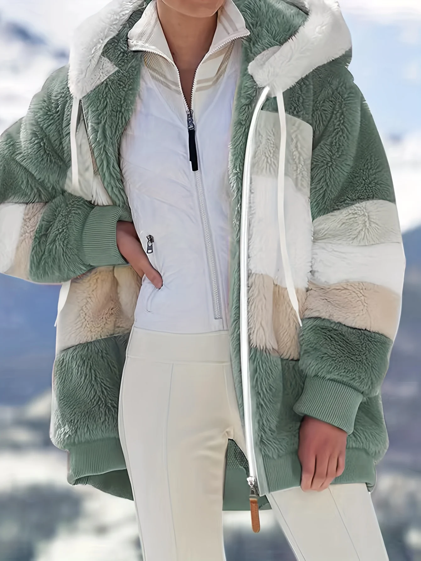 Color Block Hooded Teddy Coat, Casual Zip Up Long Sleeve Winter Warm Outerwear, Women's Clothing - Deanwangkt