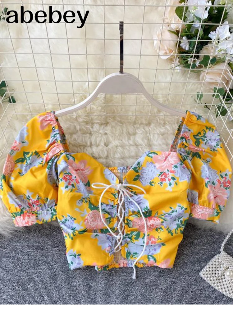 deanwangkt Short Blouses Women Fashion Sexy Bandage Crop Top Summer Vintage Gothic Shirt Ladies Flower Print Top Feminine - Deanwangkt