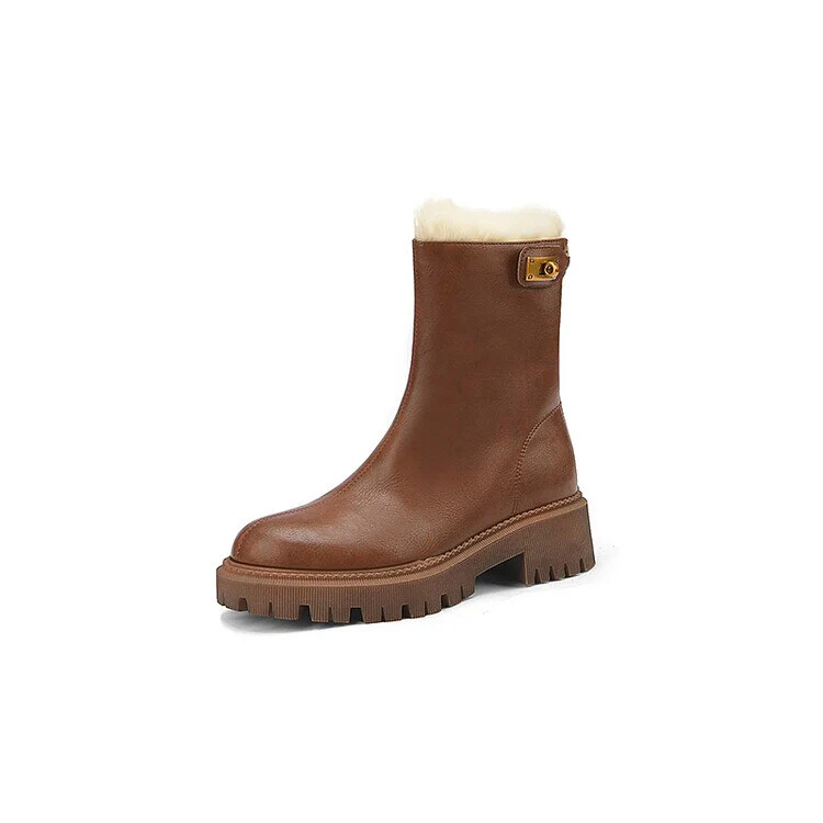 deanwangkt Autumn Boots    Winter Women Boots Round Toe Chunky Boots for Women Split leather Shoes Women Thick Heel Boots Wool Blend Warm Boots Snow Boots - Deanwangkt