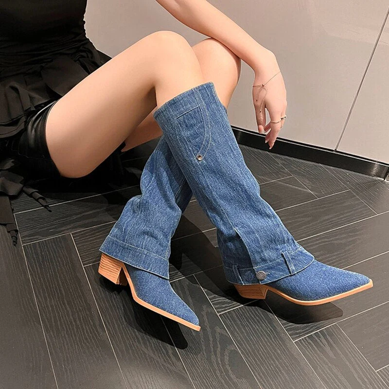 deanwangkt Autumn Boots     Autumn Boots Women Jean Shoes for Women Pointed Toe Chunky Heel Women Boots Fashion Knee-High Boots Retro Long Boots botas mujer - Deanwangkt