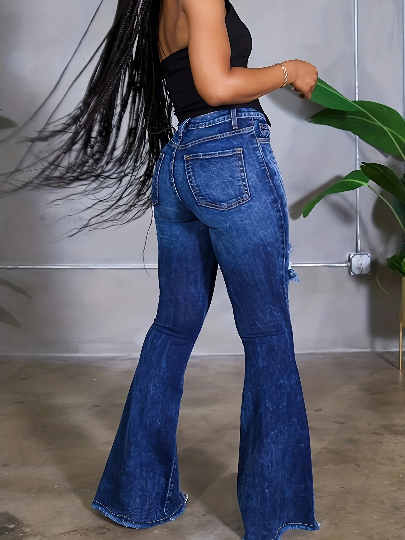 Blue Heart Shape Patchwork Flare Jeans, High-Stretch Ripped Holes Raw Hem Bell Bottom Jeans, Women's Denim Jeans & Clothing - Deanwangkt