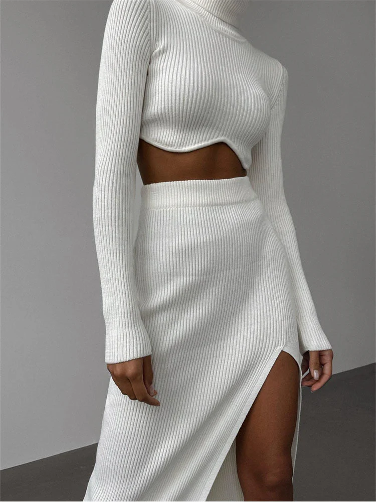 Autumn Sexy Solid Ribbed 2 Two Piece Sets Club Outfit For Women  Long Sleeve O Neck Crop Top And Skirt Sets Female - Deanwangkt