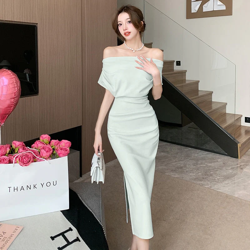 deanwangkt French Temperament Celebrity Wind Sexy Strapless Oblique Collar Dress Female Spring and Summer Slim Open Package Hip Long Dress - Deanwangkt