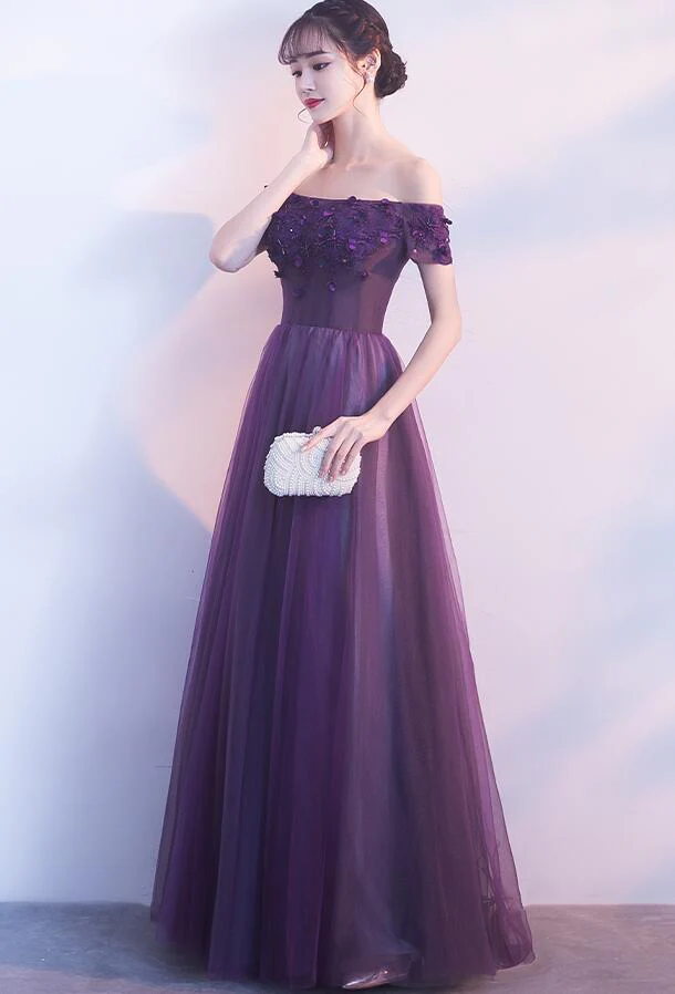 Solvbao Off Shoulder Purple Tulle with Lace Applique Party Dress, Purple Prom Dress - Deanwangkt