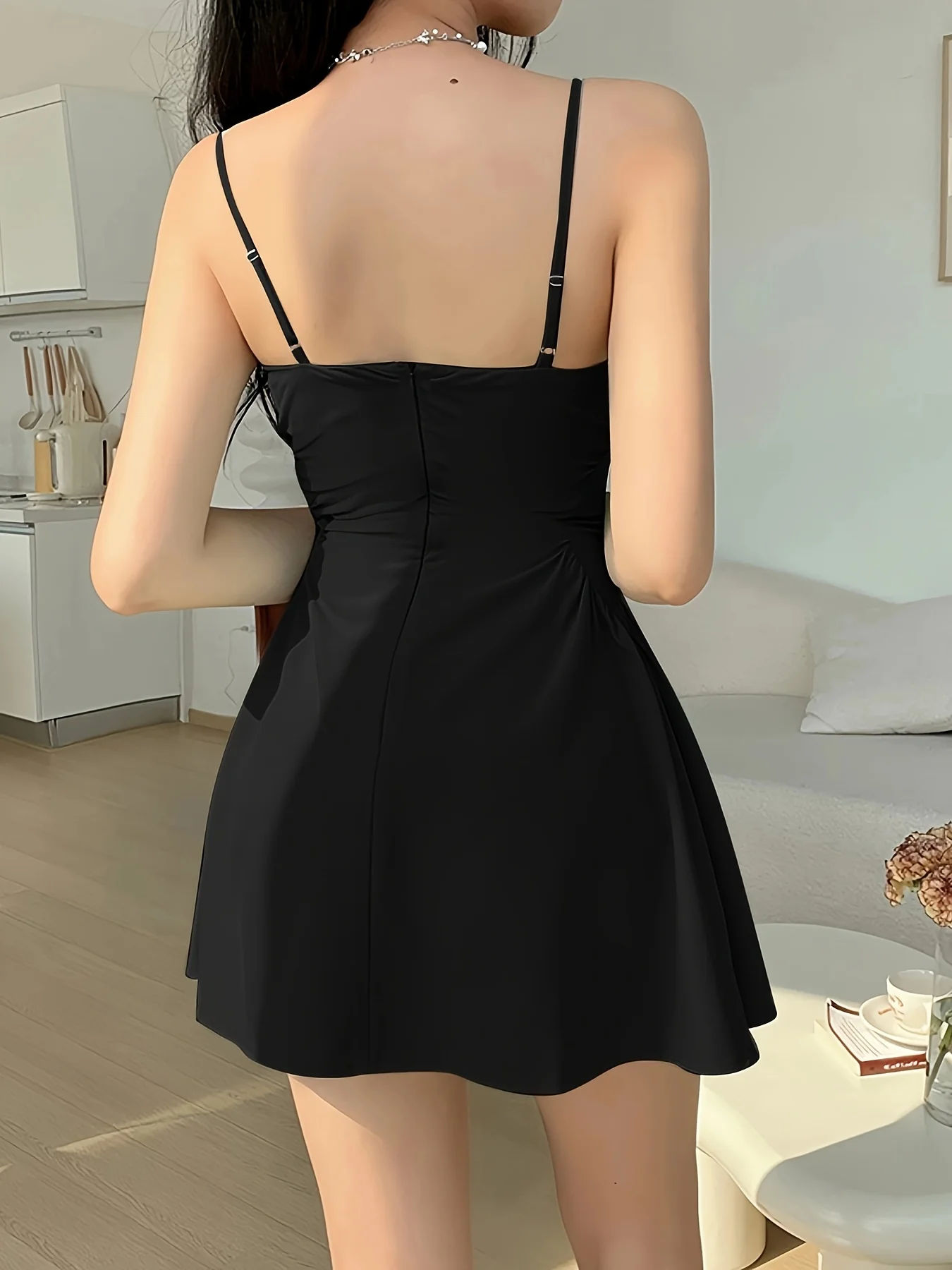 deanwangkt  Solid Spaghetti Strap Dress, Chic Backless A-line Cami Dress, Women's Clothing - Deanwangkt