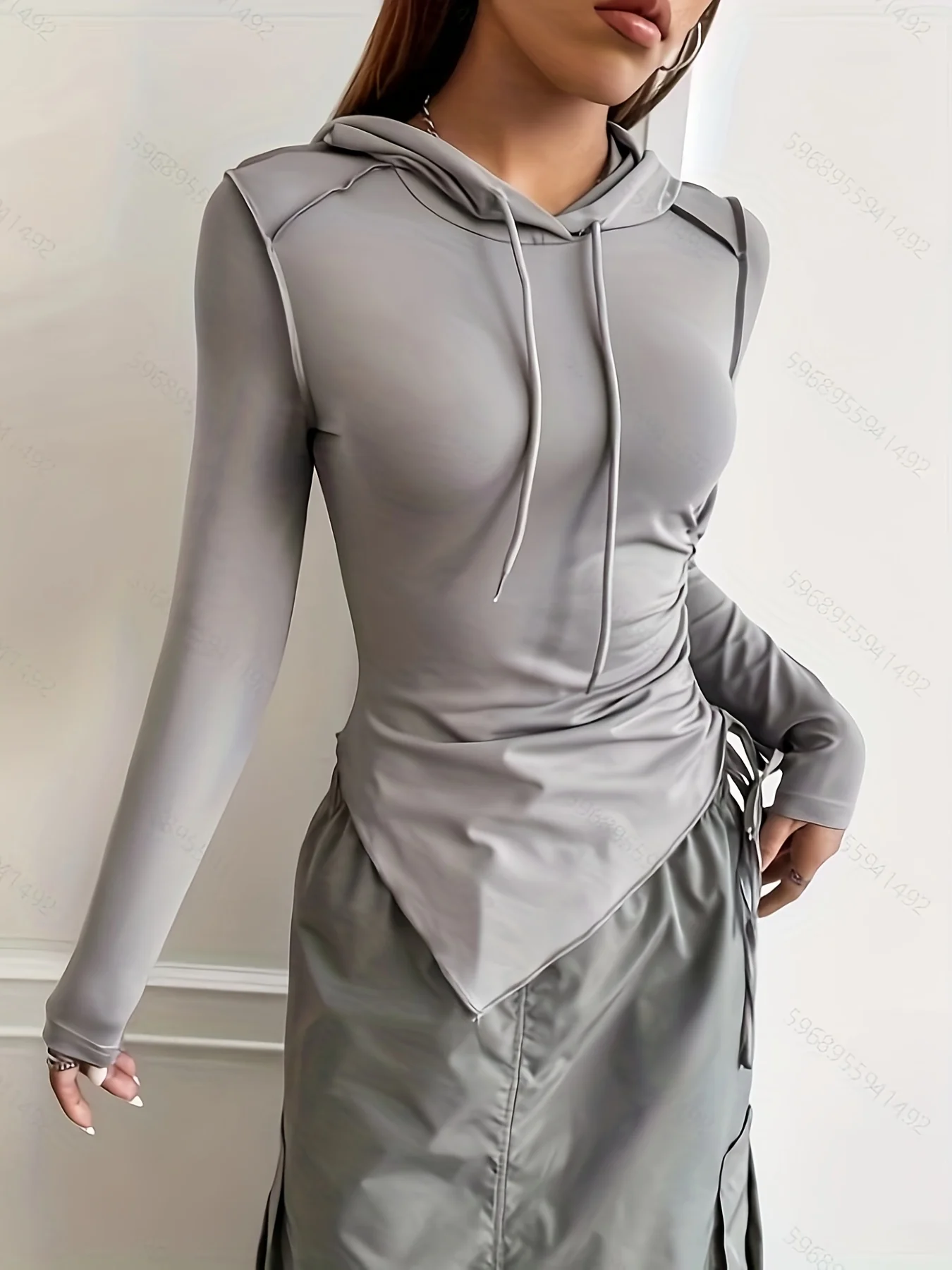 deanwangkt  Solid Irregular Hem Drawstring Hoodie, Casual Long Sleeve Hooded Sweatshirt, Women's Clothing - Deanwangkt