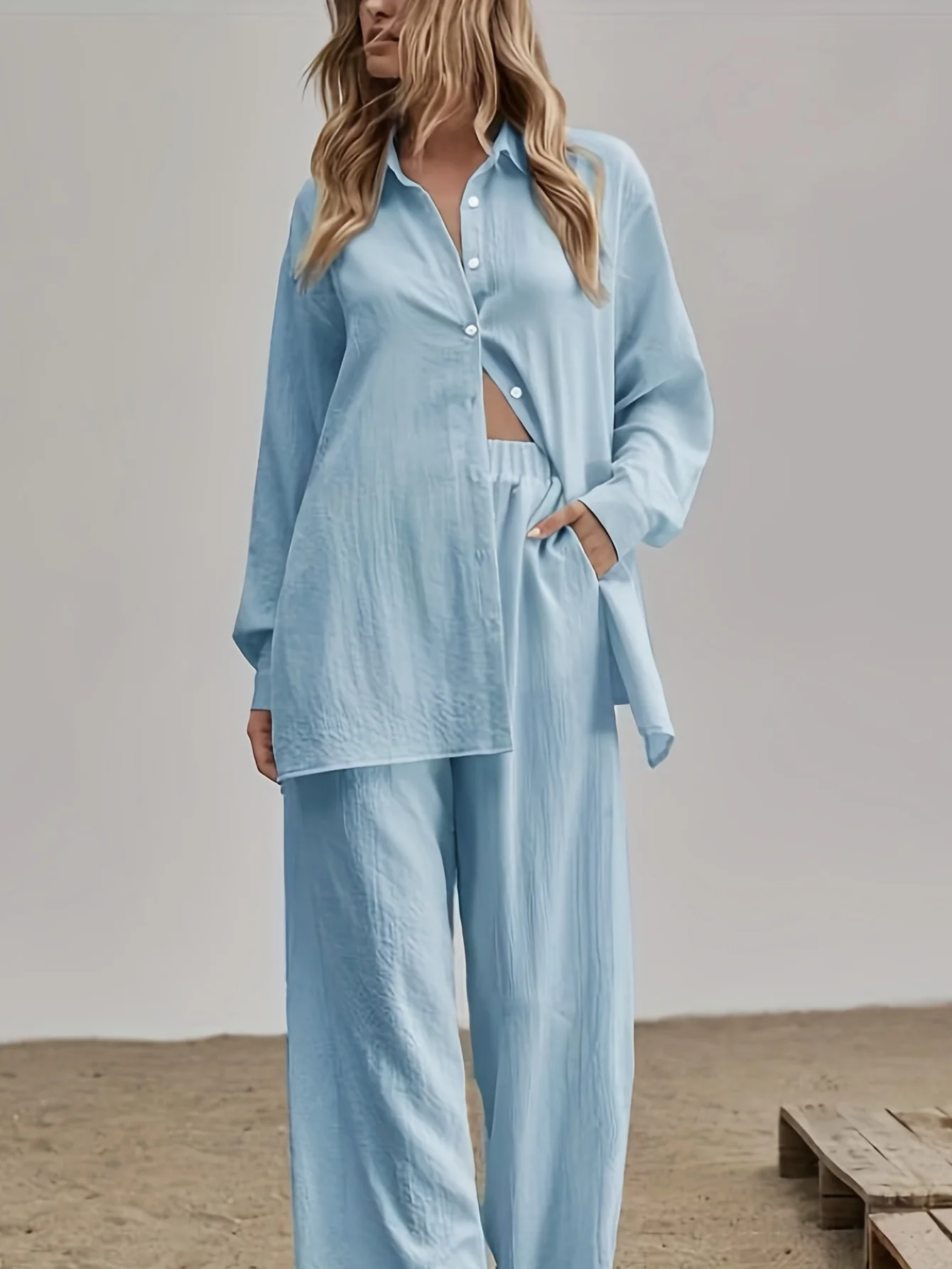 deanwangkt-1  Solid Casual Two-piece Set, Button Front Long Sleeve Shirt & Elastic Waist Pants Outfits, Women's Clothing - Deanwangkt