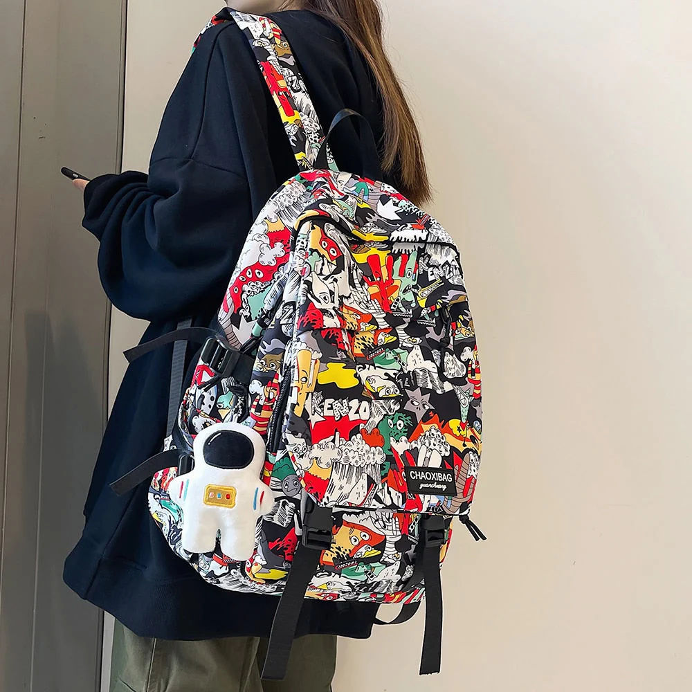 deanwangkt Harajuku Girl Male School Bag Female Graffiti Print Men Backpack Women Book Boy Bag Nylon Ladies Fashion Laptop Backpack Student - Deanwangkt