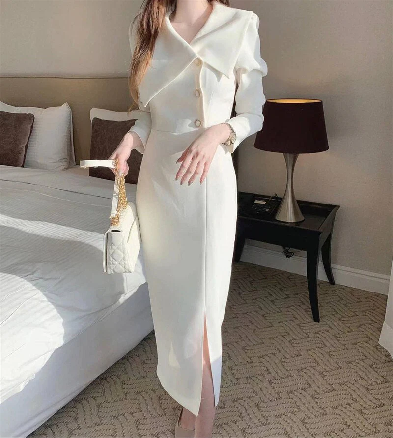 Joskka Fashion Solid Temperament Mid-Length Dress Korean Sweet Lapel Sexy Slim Hip Split Dress Women's  Fall Hoco Dress - Deanwangkt