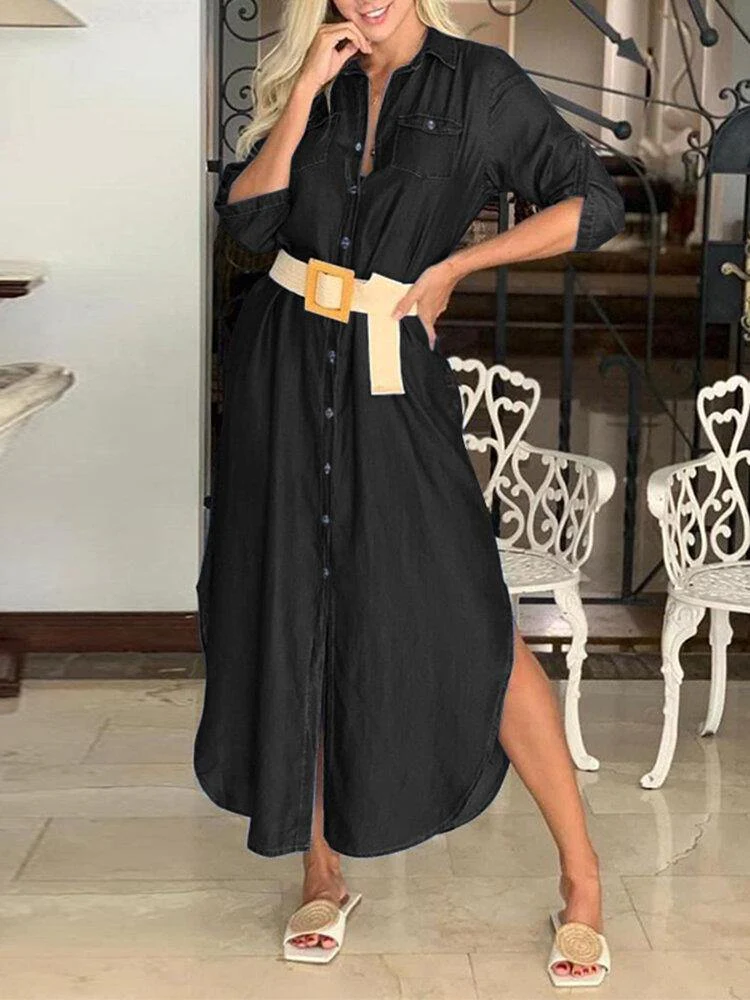 deanwangkt Casual Lapel Button Three Quarter Sleeve Solid Denim Maxi Dress - Deanwangkt