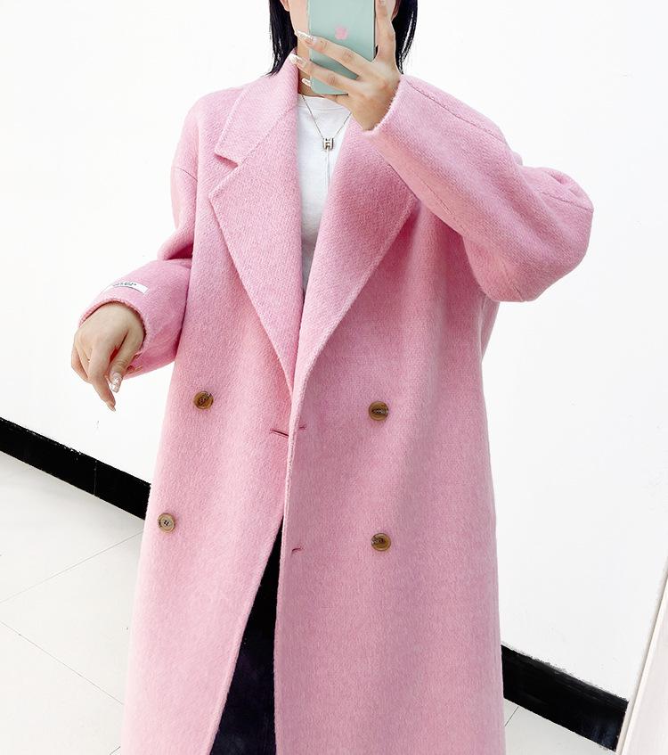 Winter Korean Style Double Breasted Silk Rabbit Woolen Long Overcoat Women Handmade Loose Pink Gray Wool Coat Jacket - Deanwangkt
