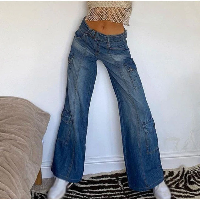 deanwangkt Y2K Low Rise Staright Cargo Jeans Wrap Belt Retro Denim Pants Ruched Drawstring Women Denim Trousers Street Indie Aesthetic Jean - Deanwangkt