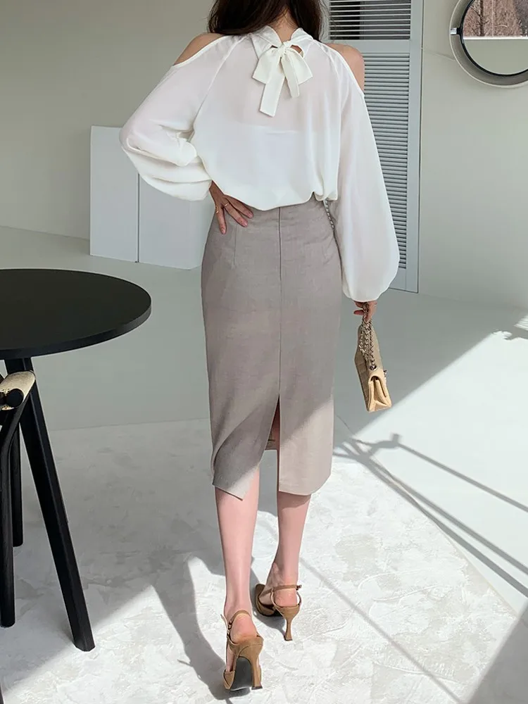 deanwangkt Fashion Woman Blouses Summer Shirts Chiffon Tops New Elegant Hollow Shoulder Back Lace Up Bow Full Sleeve Pullover Top - Deanwangkt