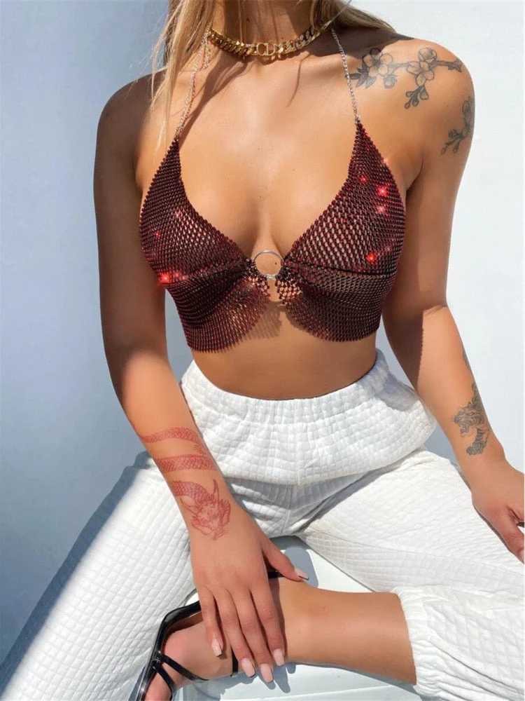 deanwangkt  Sexy Crop Top Women Two Piece Set Festival Beach Club Outfits Party Tank Top T Shirt Woman Halter Rhinestones Tops Summer - Deanwangkt