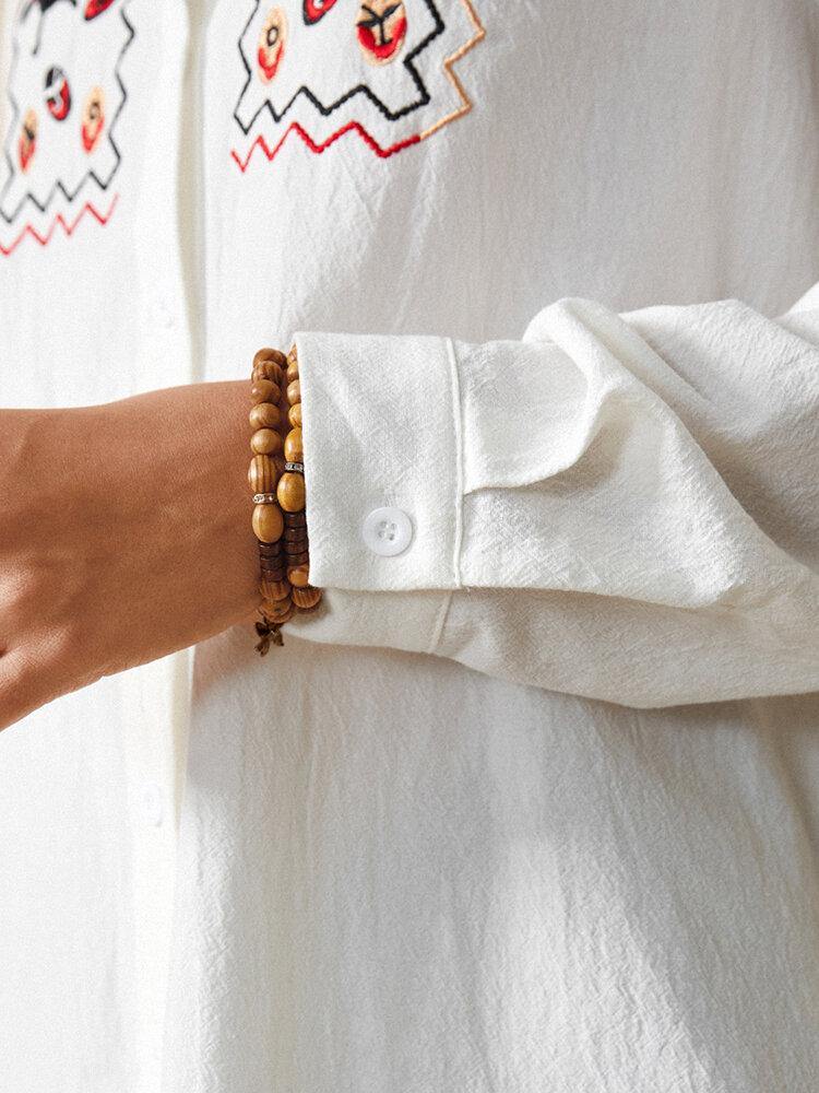 deanwangkt Women White Lapel Ethnic Embroidery Daily Casual Long Sleeve Shirts - Deanwangkt