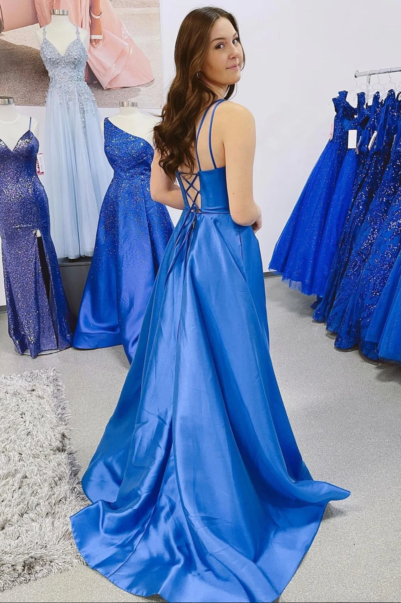 solvbao Blue V-Neck Satin Long Prom Dresses, Blue Evening Dresses with Slit - Deanwangkt