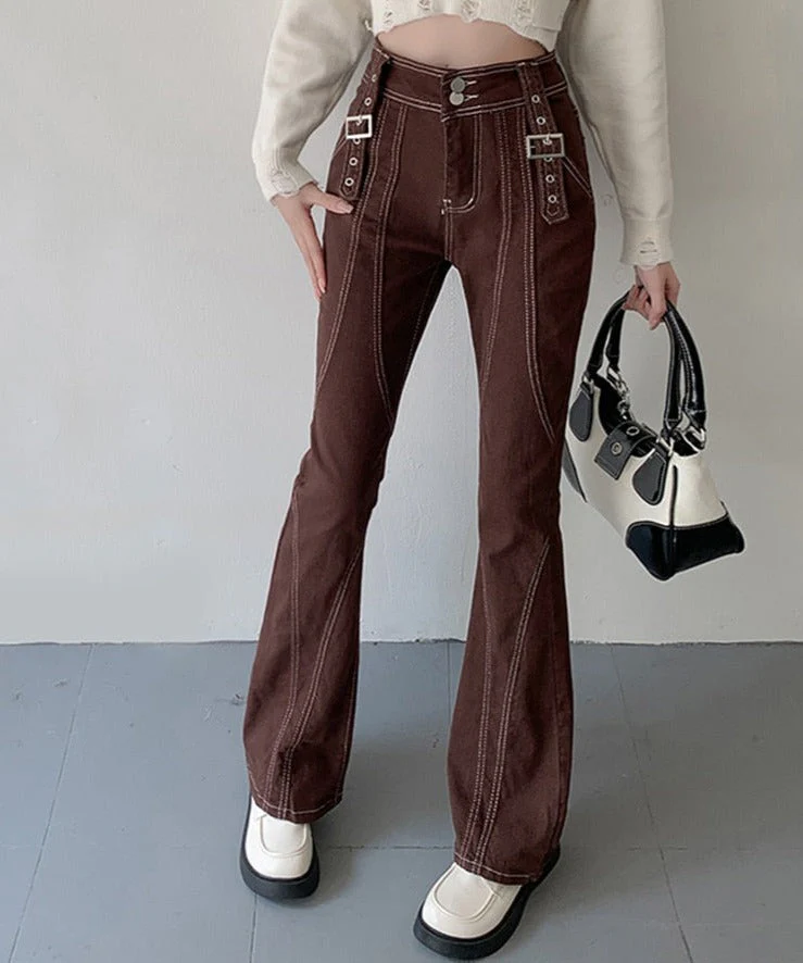 deanwangkt Retro High Waisted Flare Jeans Women Korean Autumn New Y2K High Street Brown Pants Female Buckle Cool Casual Pants S-XL - Deanwangkt
