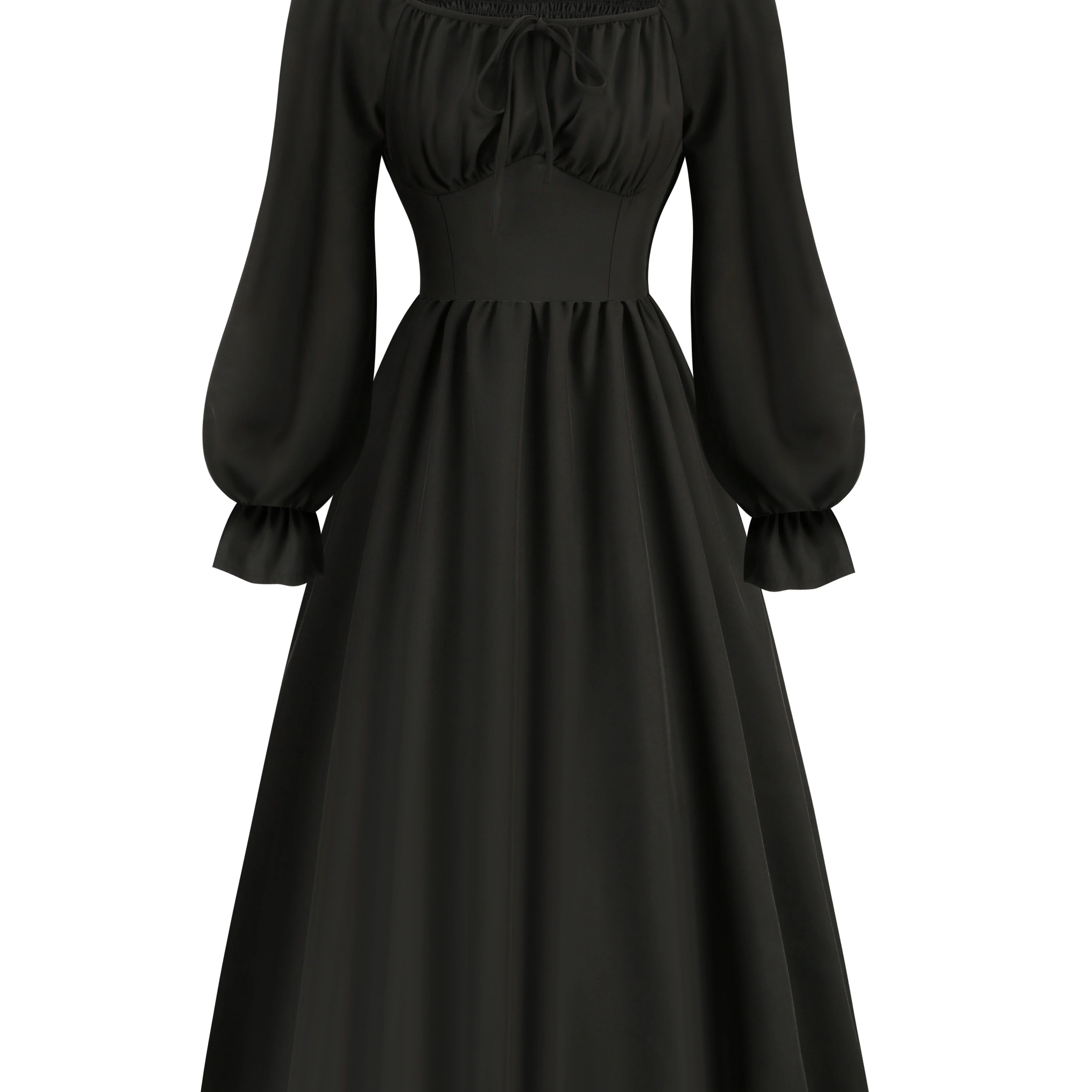 deanwangkt-1  Tie Front Lantern Long Sleeve Dress, Casual Solid Squared Neck Dress, Women's Clothing - Deanwangkt