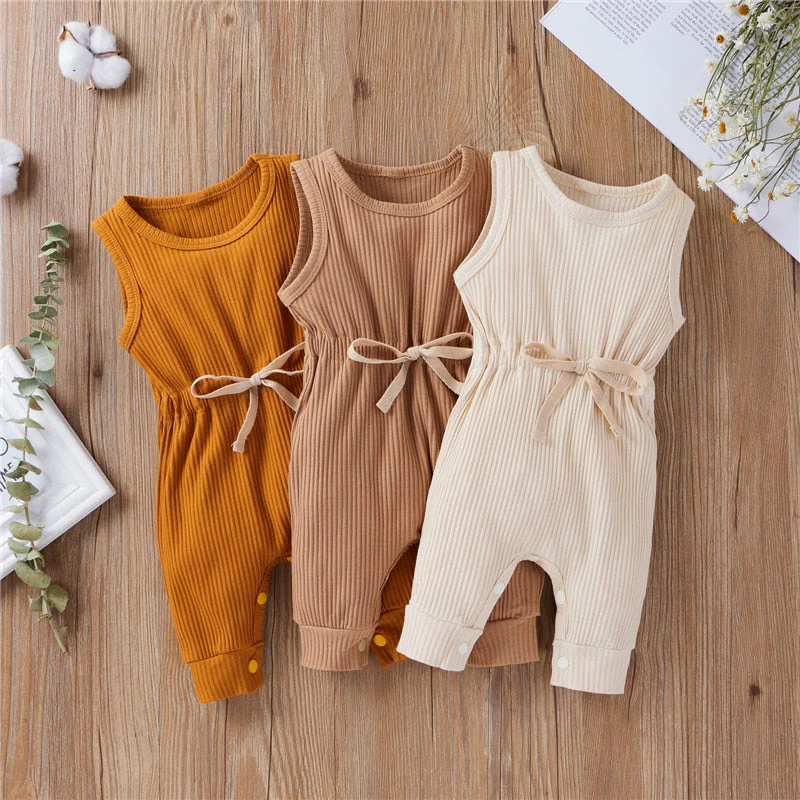 Newborn Infant Baby Boys Girls Romper Cotton Knitted Ribbed Sleeveless Solid Elastic Band Jumpsuit Toddler Soft Clothes Outfits - Deanwangkt