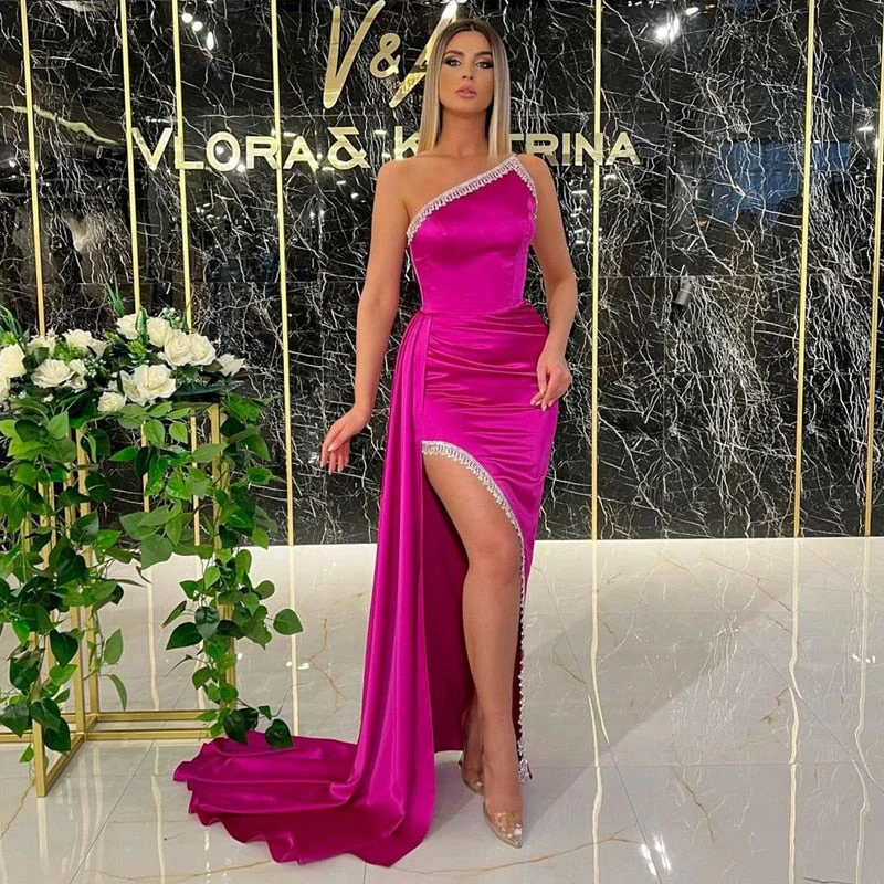 Sexy Prom Dresses One Shoulder Mermaid Evening Dress  Tassel High Split Saudi Arabia Cocktail Party Gown Plus Size - Deanwangkt