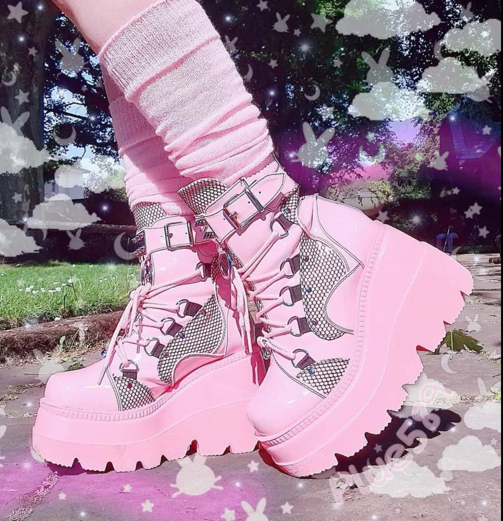 DEANWANGKT High Wedges Buckle Zipper Women Boots Punk Cool Street Thick Heel Shoeslace Autumn Ladies Shoes - Deanwangkt