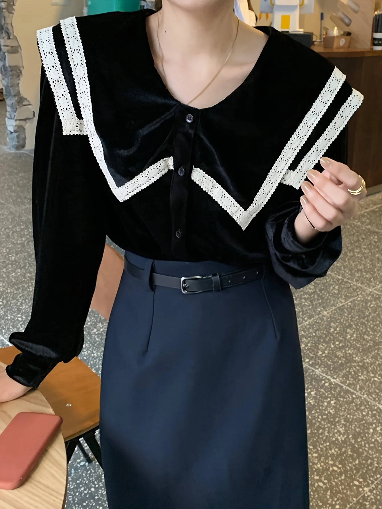 deanwangkt Contrast Lace Button Front Collar Blouse, Casual Long Sleeve Blouse For Spring & Fall, Women's Clothing - Deanwangkt