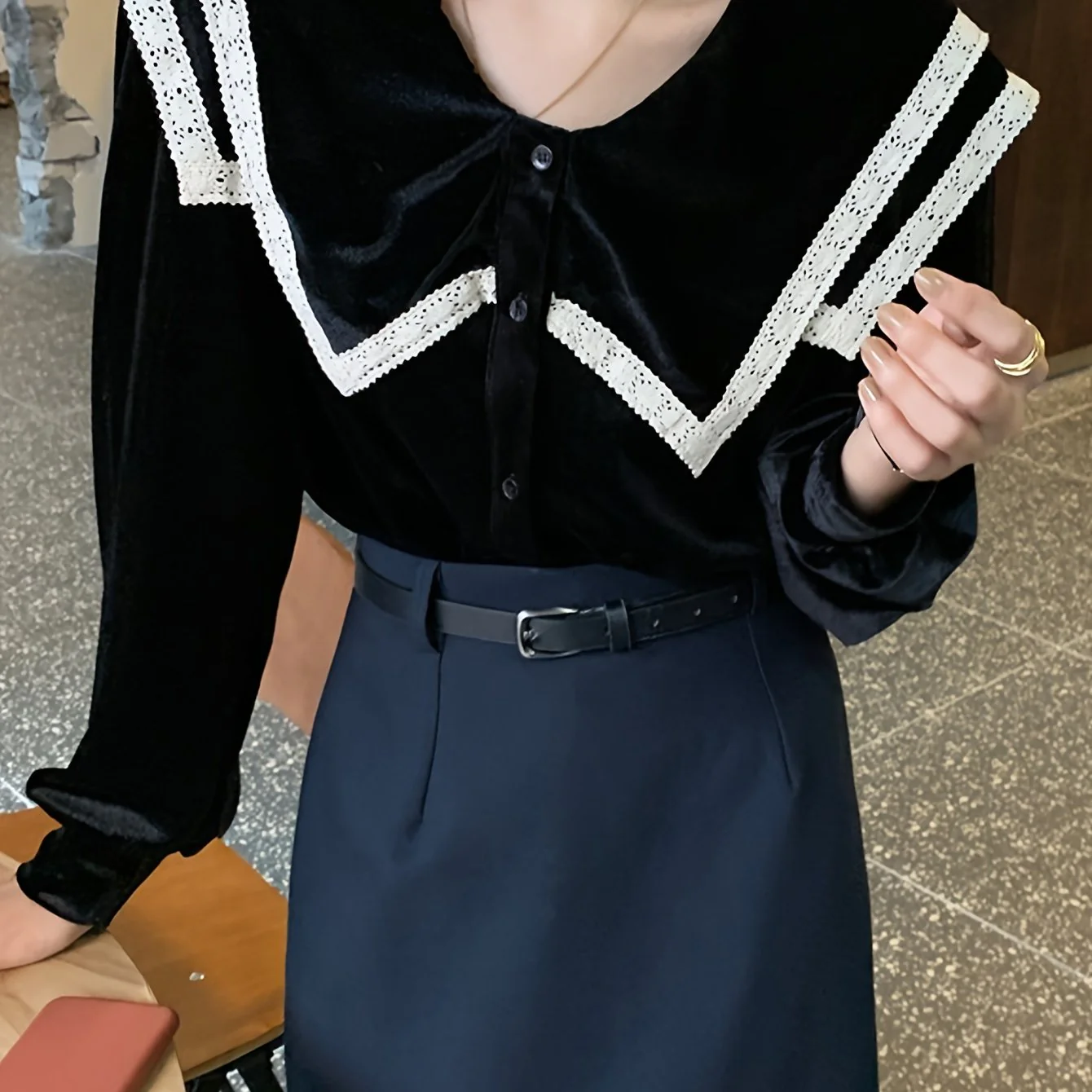 deanwangkt Contrast Lace Button Front Collar Blouse, Casual Long Sleeve Blouse For Spring & Fall, Women's Clothing - Deanwangkt