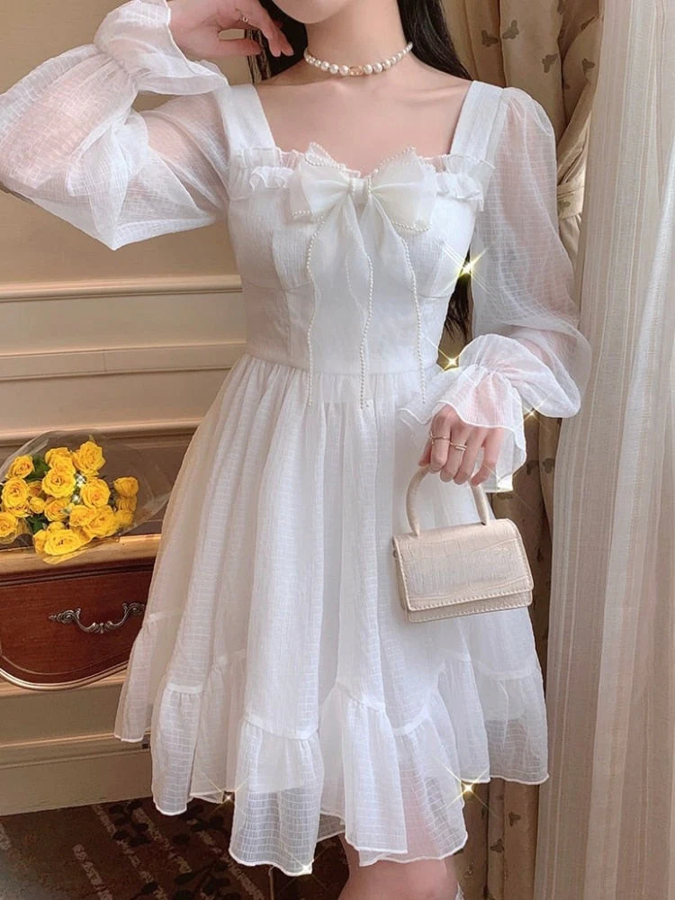 deanwangkt French Sweet Fairy Lolita Dress Women Long Sleeve Lace Y2k Mini Dress Vintage Kawaii Clothes One Piece Dress Korean  Autumn - Deanwangkt