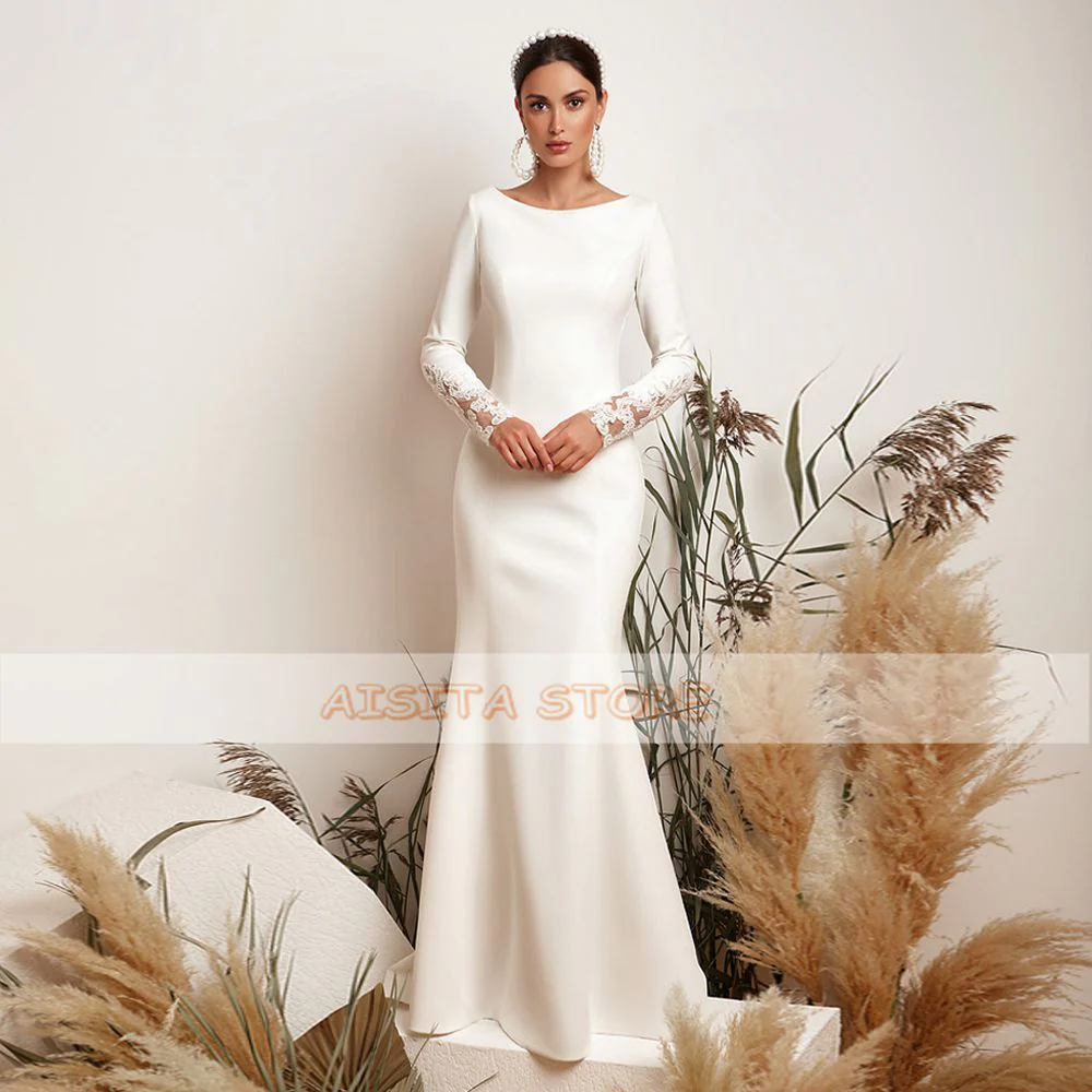 Saudi Arabic Mermaid Wedding Dresses  Modest Scoop Neck Lace Appliques Long Sleeve Sweep Train Bridal Gowns Vestido De Novia - Deanwangkt