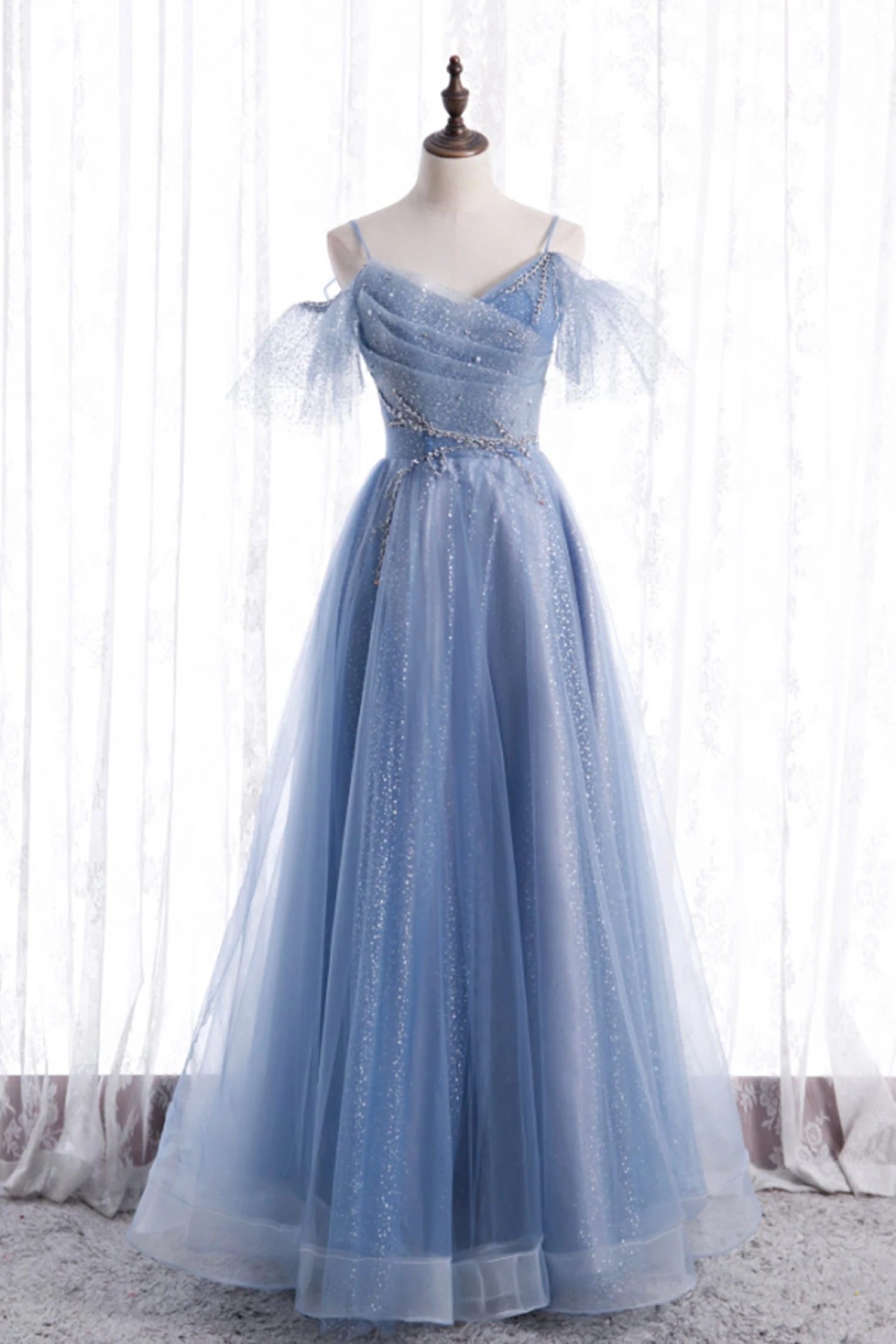 solvbao Blue Tulle Long A-Line Prom Dresses, Blue Spaghetti Strap Evening Dresses - Deanwangkt