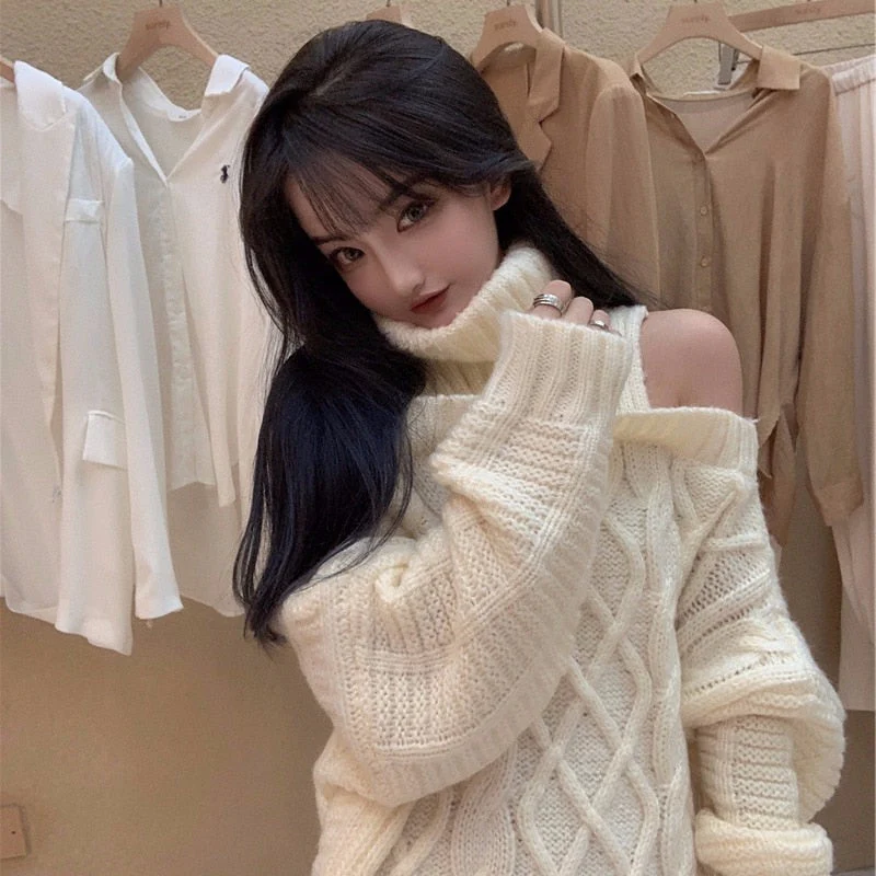 deanwangkt Autumn Winter Korean Style Women Turtleneck Knitted Sweaters Fashion Wild Knitwear Outwear Female Sexy Off Shoulder Pullovers - Deanwangkt