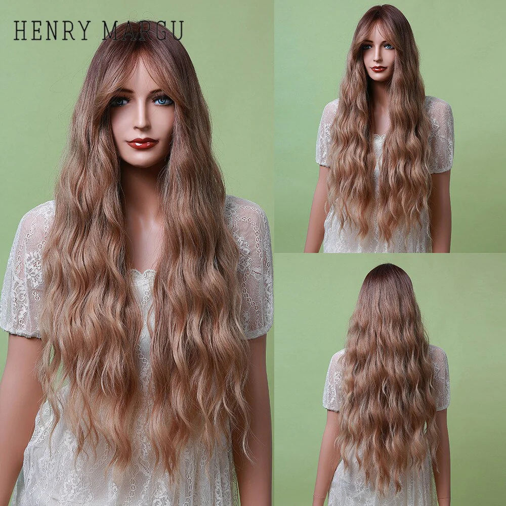 Pure Blonde Synthetic Hair Wigs Long Water Wave Wig for Women Colored Cosplay Lolita Wig with Bangs Heat Resistant - Deanwangkt