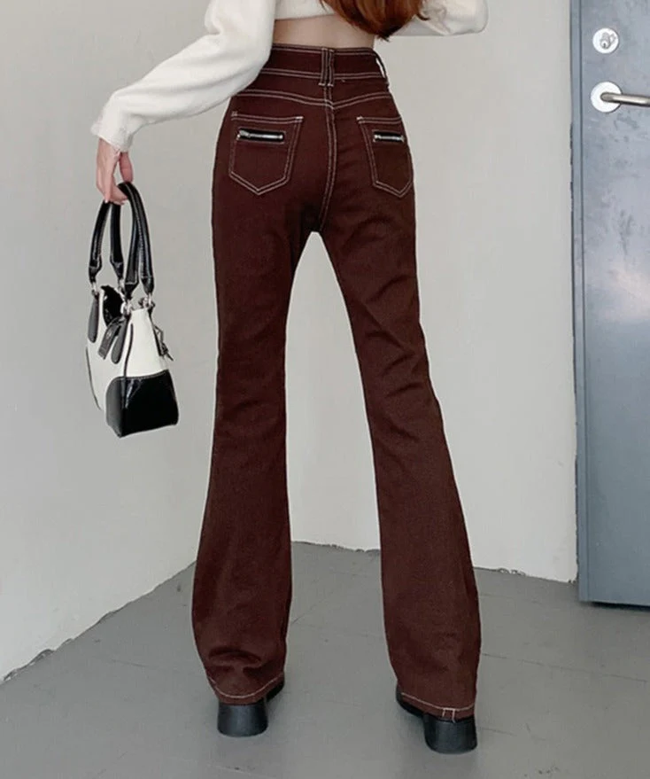 deanwangkt Retro High Waisted Flare Jeans Women Korean Autumn New Y2K High Street Brown Pants Female Buckle Cool Casual Pants S-XL - Deanwangkt