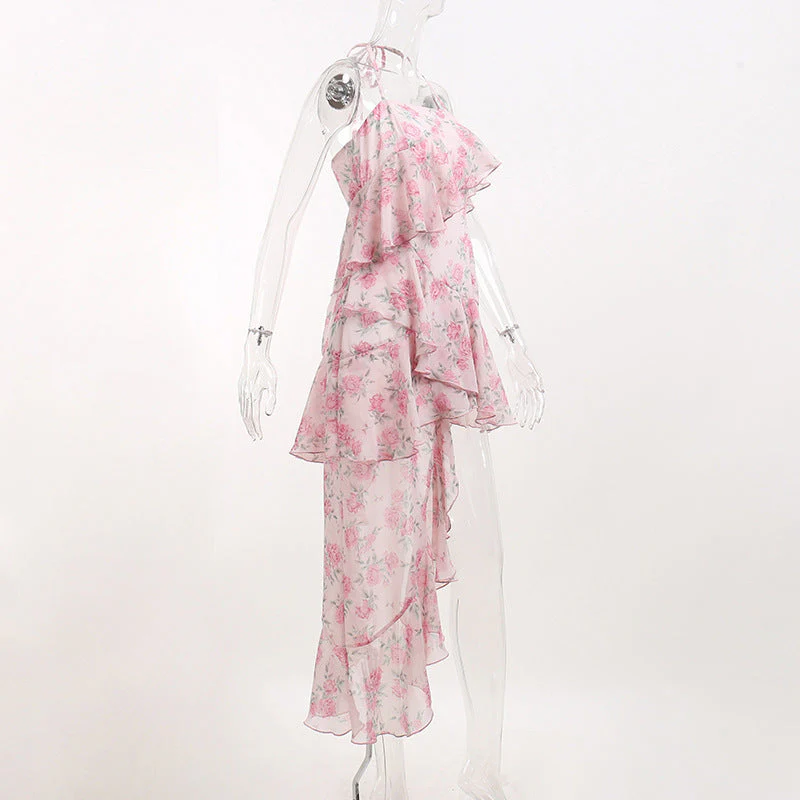 deanwangkt  Floral Print Spaghetti Strap Dresses Mini Women Sexy Backless Halter Neck Spring Summer Ruffle Casual Beach Dress - Deanwangkt