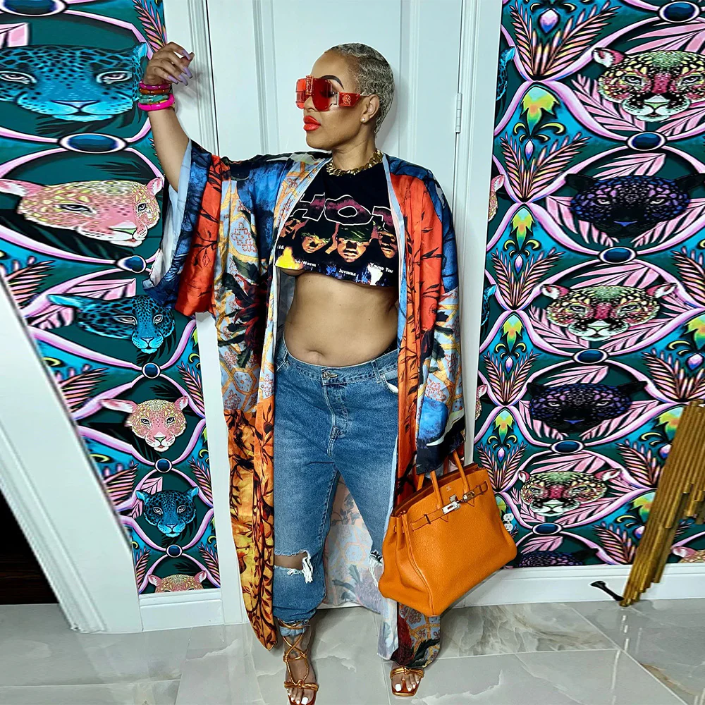 deanwangkt Fashion Printed Satin Shirts for Women Long Kimono Beach Cover Ups Ladies Blouse Vacation Oversized Cardigan D37-EF30 - Deanwangkt