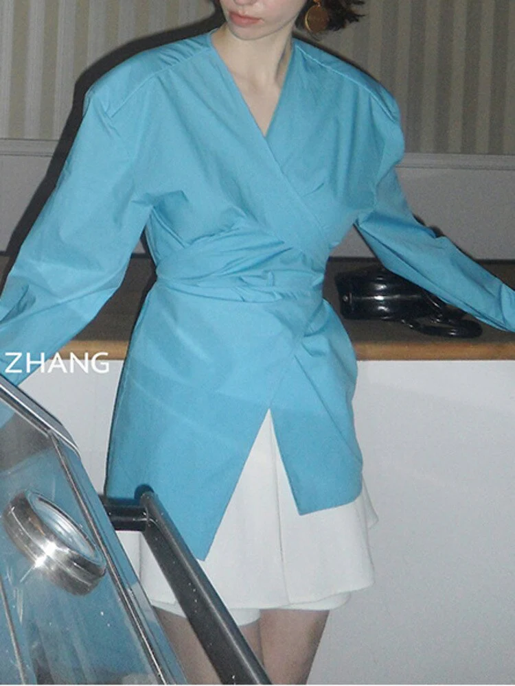 deanwangkt Fashion Women's Shirt V-neck Cross Bandage Waist Irregular Yellow Long Sleeve Blouse Causal Tide  Summer New CP0418 - Deanwangkt