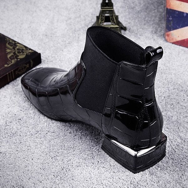 DEANWANGKT  Chic Women Boots Shiny Pu Leather Autumn Winter Shoes Spuare Toe Block Heels Ankle Boots Female Botas Zapatos Mujer - Deanwangkt