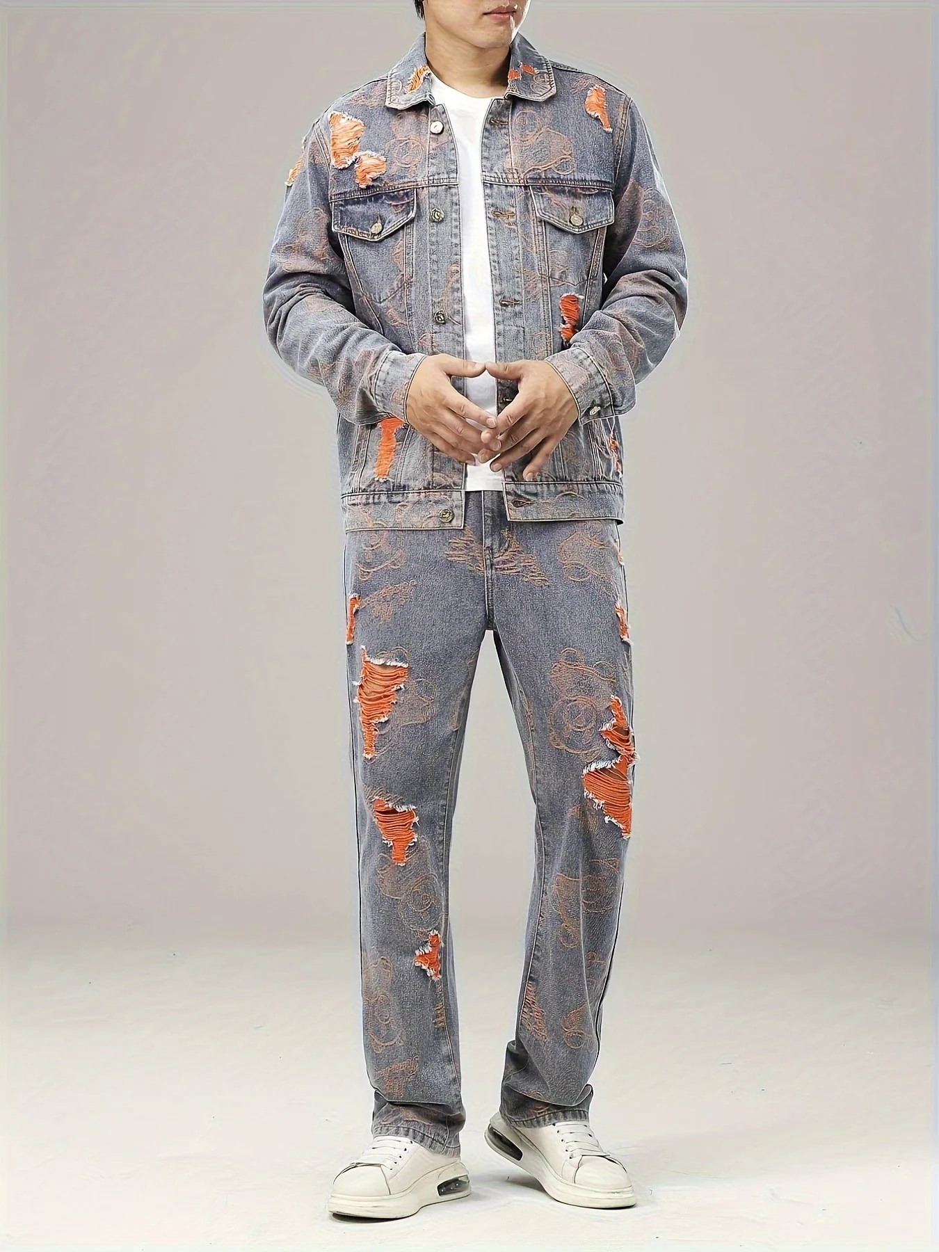 deanwangkt-1 Men's Denim Outfit, Ripped Chest Pocket Jacket And Trendy Straight Leg Jeans Set - Deanwangkt