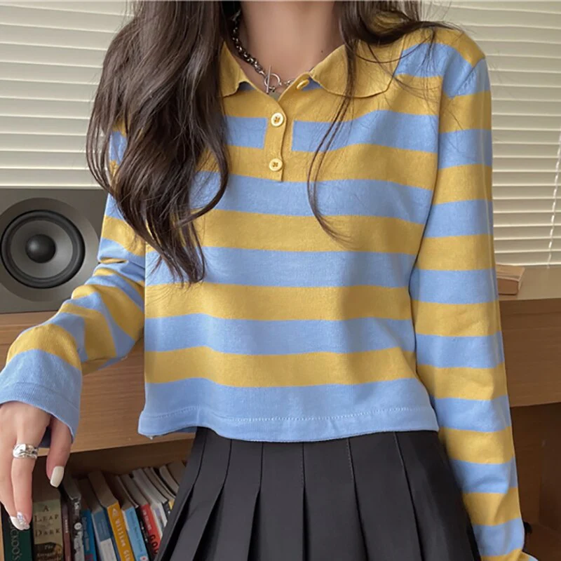 Wenkouban Women's  Spring Fashion Knitting T Shirts Turn-Down Collar Casual Short Tops Female Button Striped Loose T-Shirt Tees Femme - Deanwangkt