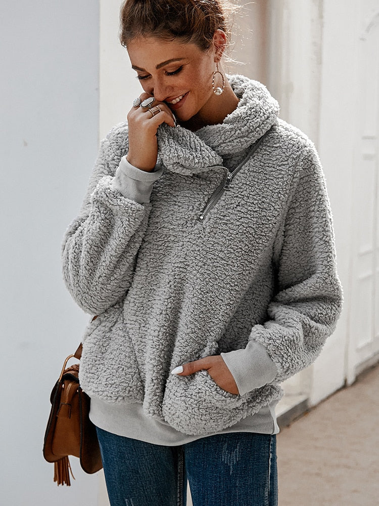 deanwangkt Winter Fleece Sweatshirt Women Loose Thicken Casual Coat Elegant Vintage Turtleneck Pullover Female Long Sleeve Solid Warm Tops - Deanwangkt