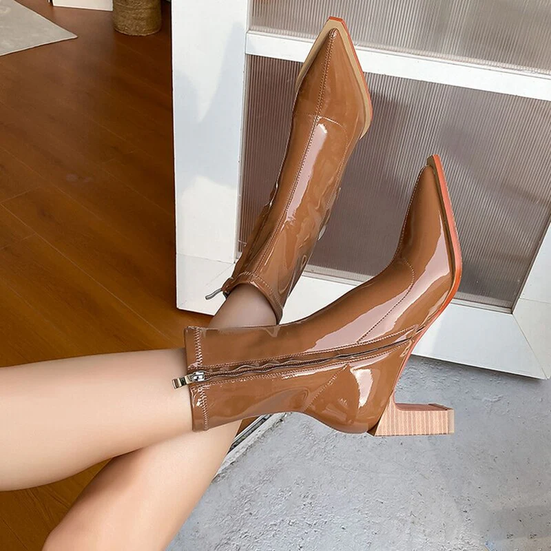 deanwangkt  Autumn Shoes   NEW Autumn Women Boots Pointed Toe High Heel Shoes Women Concise Patent Leather Boots Zipper Stretch Boots for Women Fall Shoes - Deanwangkt
