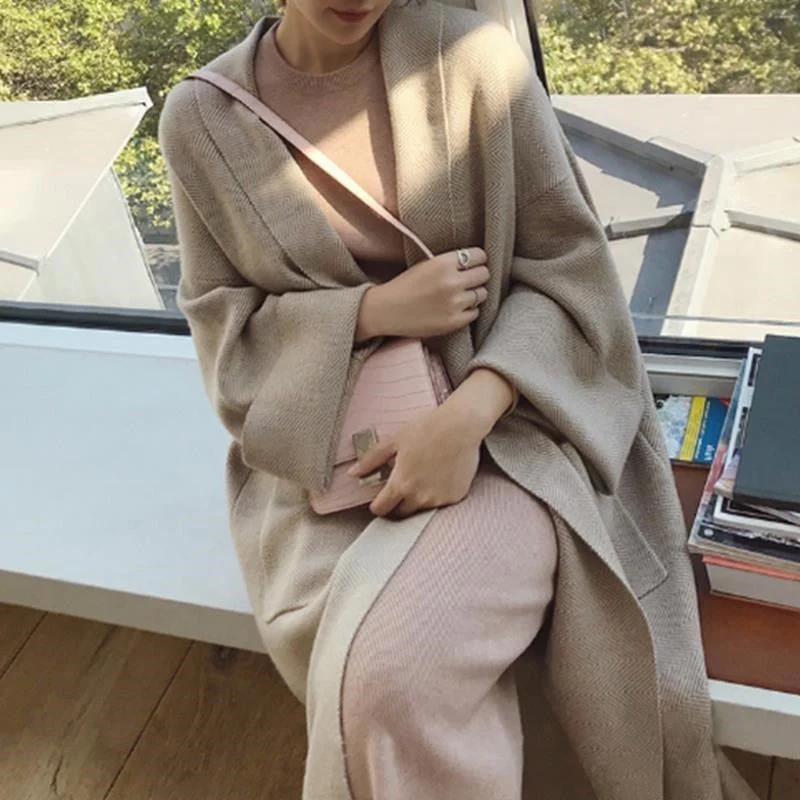 deanwangkt Autumn Long Cardigans Women Casual Long Knitted Cardigan Vintage Loose Oversized Sweater Coat  Korean Ladies Sweaters Jacket - Deanwangkt